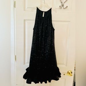 Mini halter cocktail party, evening event dress. Black sequined/ruffle bottom.